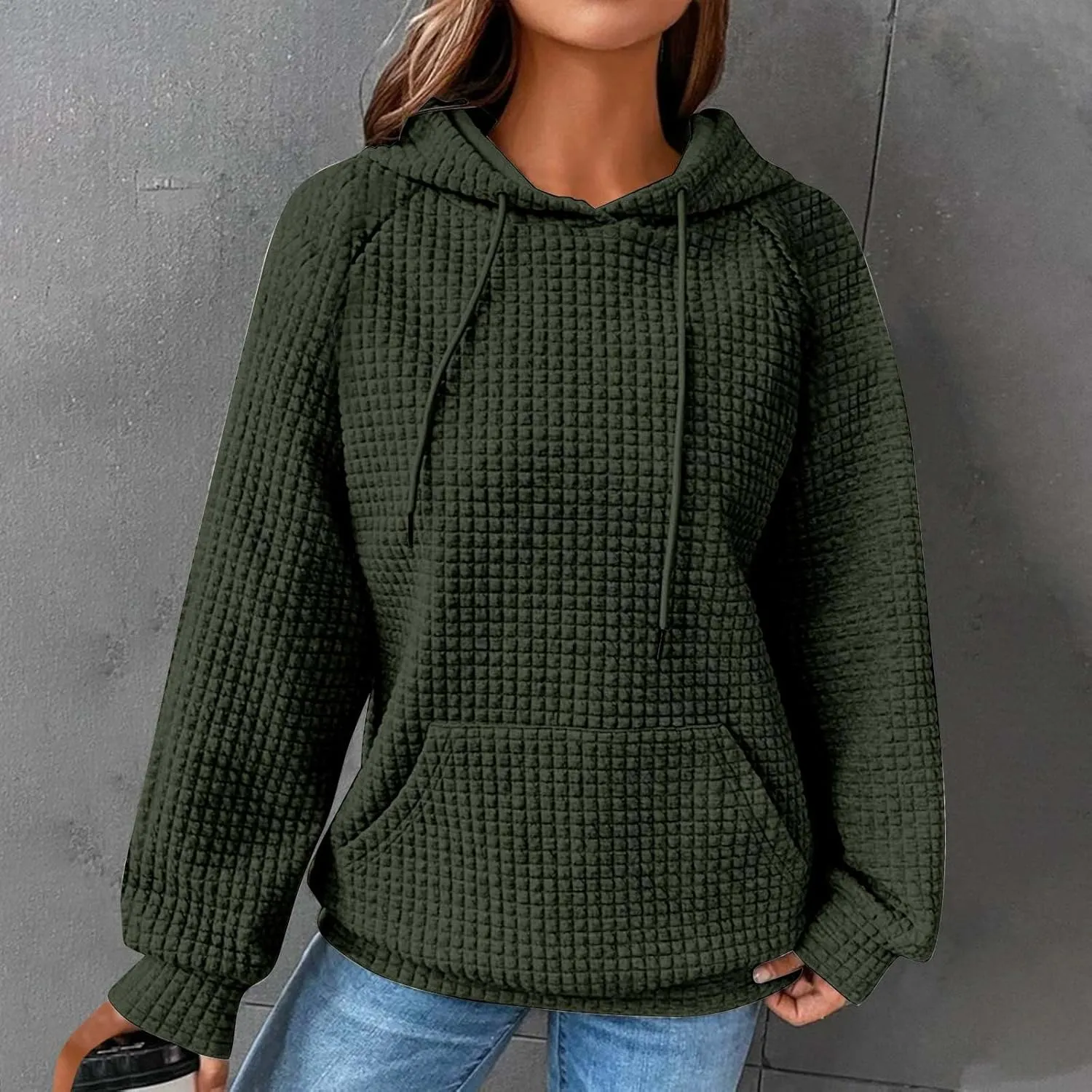 Lenago Womens Hoodies Fall Fashion Waffle Drawstring Hooded Sweatshirt 2024 Casual Loose Fit Pullover Clothes with Pockets
