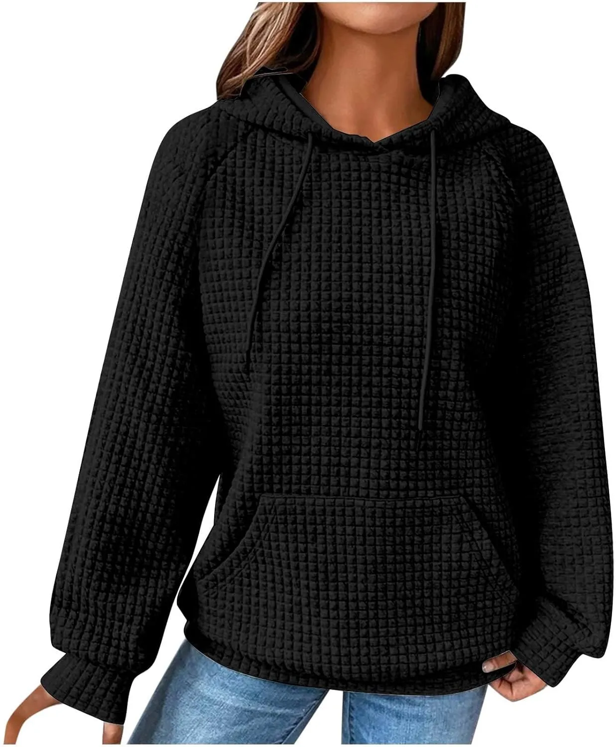Lenago Womens Hoodies Fall Fashion Waffle Drawstring Hooded Sweatshirt 2024 Casual Loose Fit Pullover Clothes with Pockets