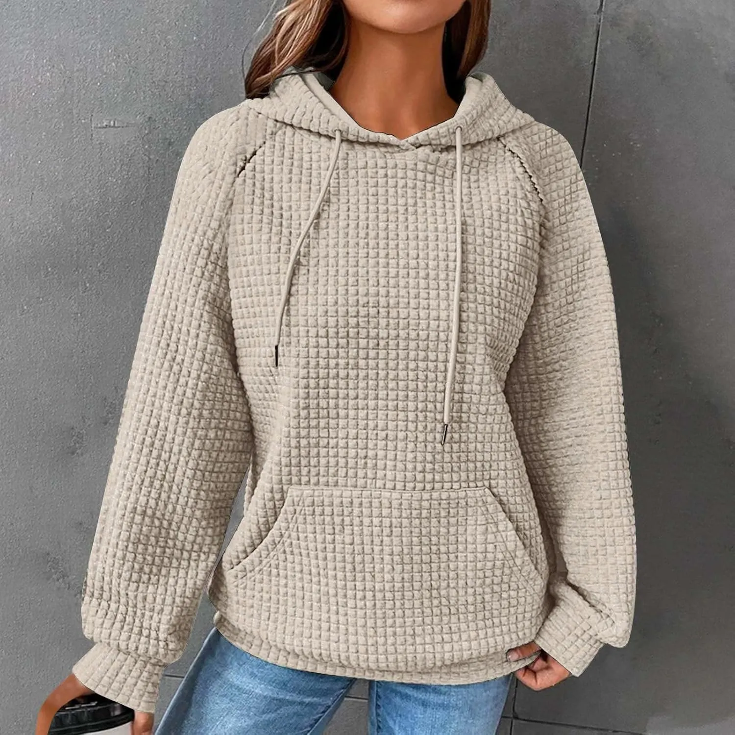 Lenago Womens Hoodies Fall Fashion Waffle Drawstring Hooded Sweatshirt 2024 Casual Loose Fit Pullover Clothes with Pockets
