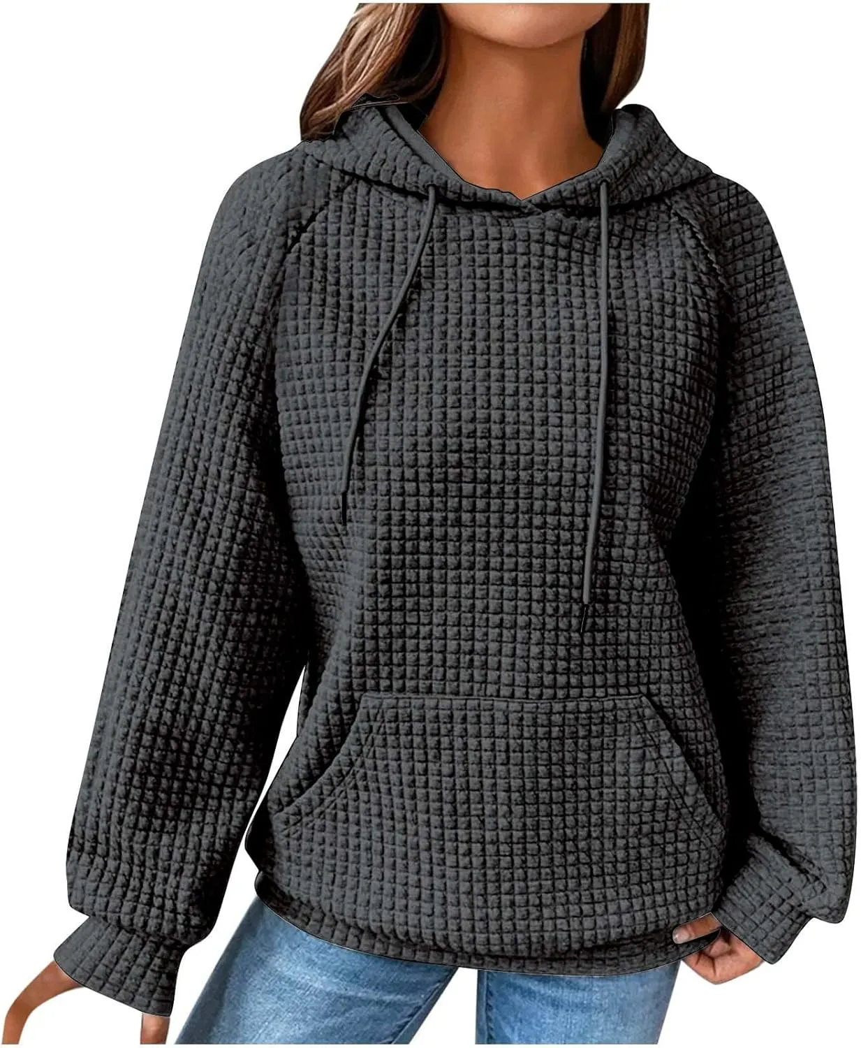 Lenago Womens Hoodies Fall Fashion Waffle Drawstring Hooded Sweatshirt 2024 Casual Loose Fit Pullover Clothes with Pockets