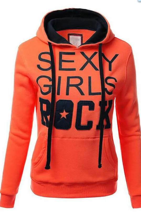 Letters Print Pocket Candy Color Drawstring Slim Hoodie