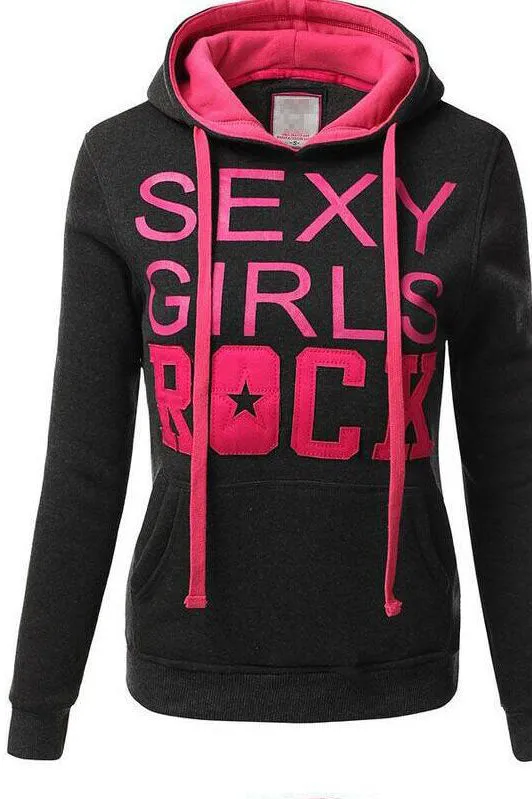 Letters Print Pocket Candy Color Drawstring Slim Hoodie