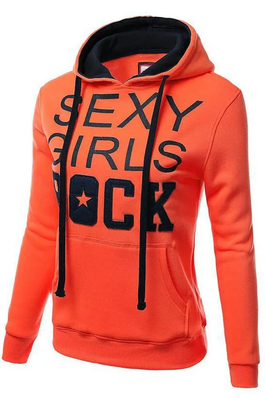 Letters Print Pocket Candy Color Drawstring Slim Hoodie