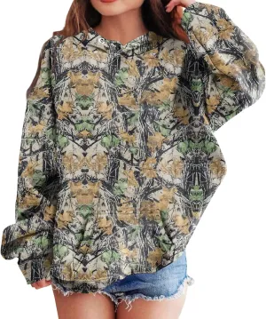 Light Camo Hoodies for Teen Girls Cute Sweatshirt Maple Leaf Print Oversized Fleece Sweatshirts Pullover Tops with Pocket