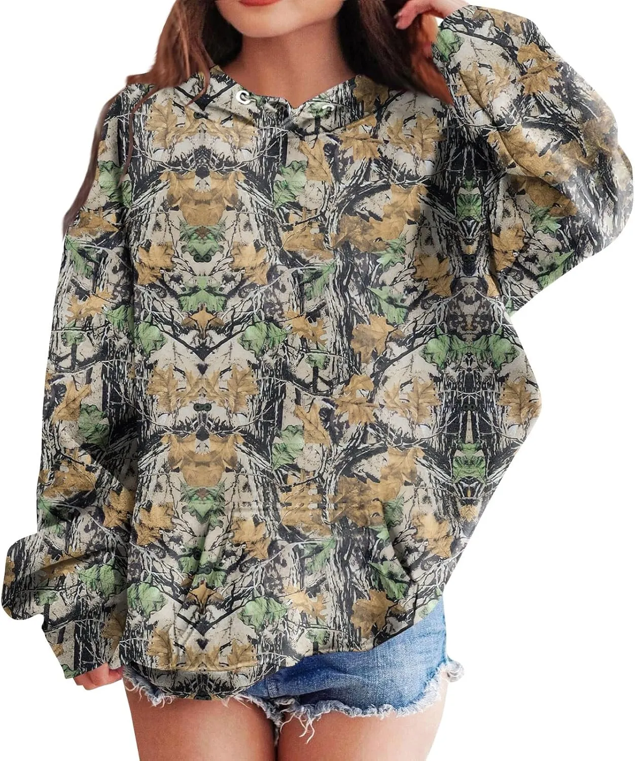 Light Camo Hoodies for Teen Girls Cute Sweatshirt Maple Leaf Print Oversized Fleece Sweatshirts Pullover Tops with Pocket
