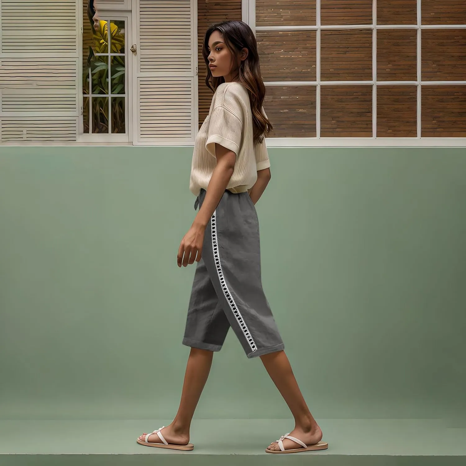 Linen Capri Pants for Women Side Hollow Out Cropped Trousers Casual Summer Capris Drawstring High Waist Wide Leg Pant