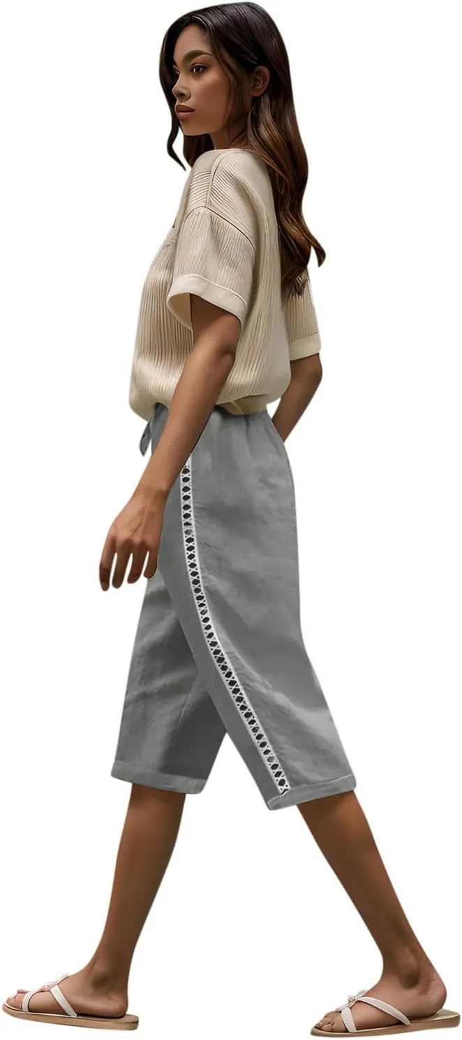 Linen Capri Pants for Women Side Hollow Out Cropped Trousers Casual Summer Capris Drawstring High Waist Wide Leg Pant