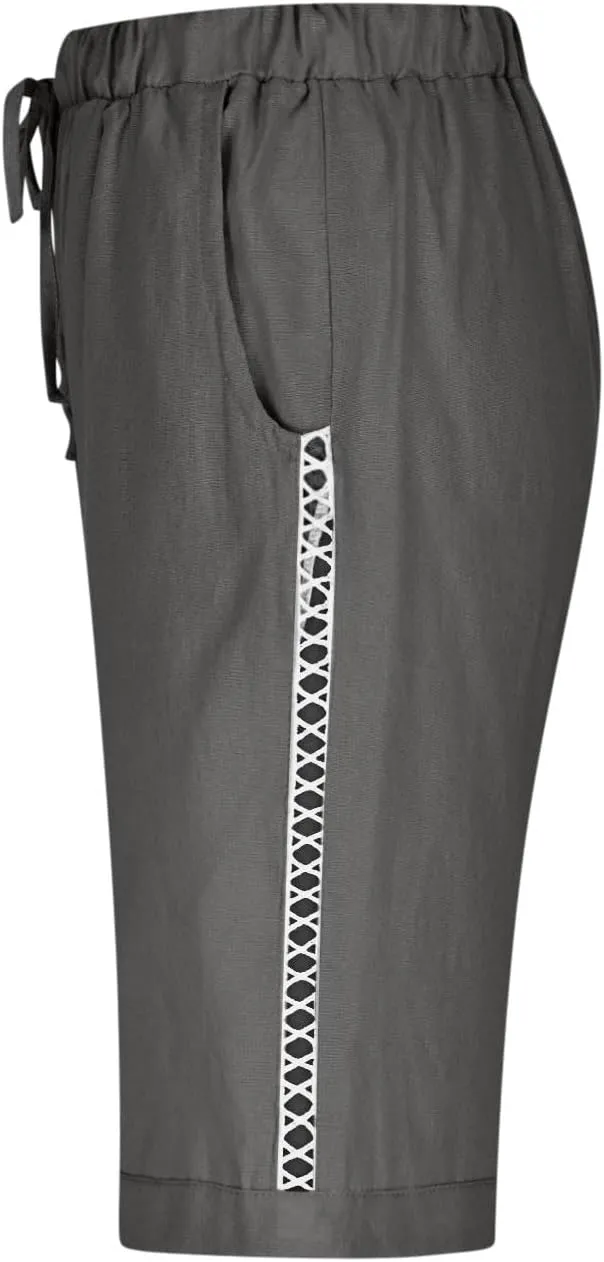 Linen Capri Pants for Women Side Hollow Out Cropped Trousers Casual Summer Capris Drawstring High Waist Wide Leg Pant