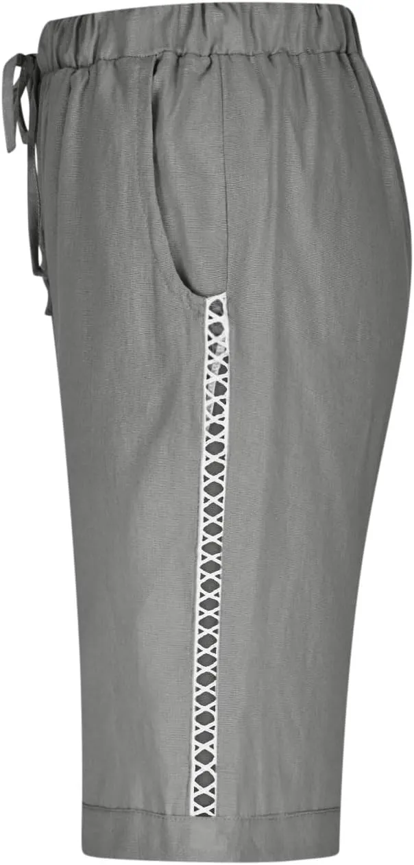 Linen Capri Pants for Women Side Hollow Out Cropped Trousers Casual Summer Capris Drawstring High Waist Wide Leg Pant