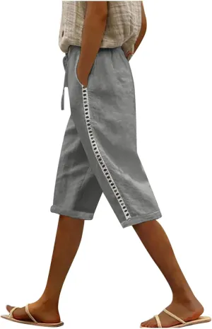Linen Capri Pants for Women Side Hollow Out Cropped Trousers Casual Summer Capris Drawstring High Waist Wide Leg Pant