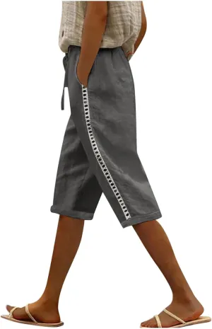 Linen Capri Pants for Women Side Hollow Out Cropped Trousers Casual Summer Capris Drawstring High Waist Wide Leg Pant