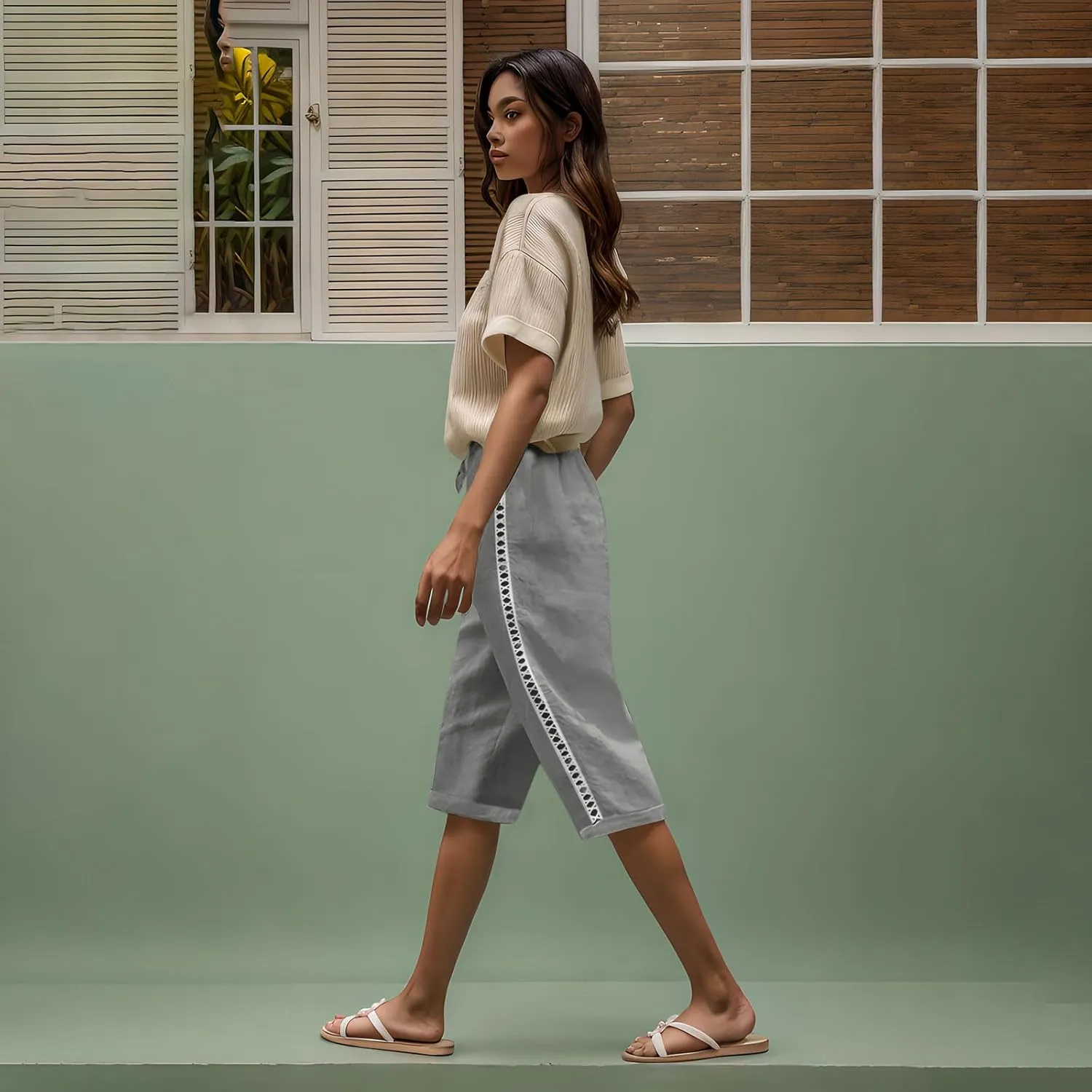 Linen Capri Pants for Women Side Hollow Out Cropped Trousers Casual Summer Capris Drawstring High Waist Wide Leg Pant