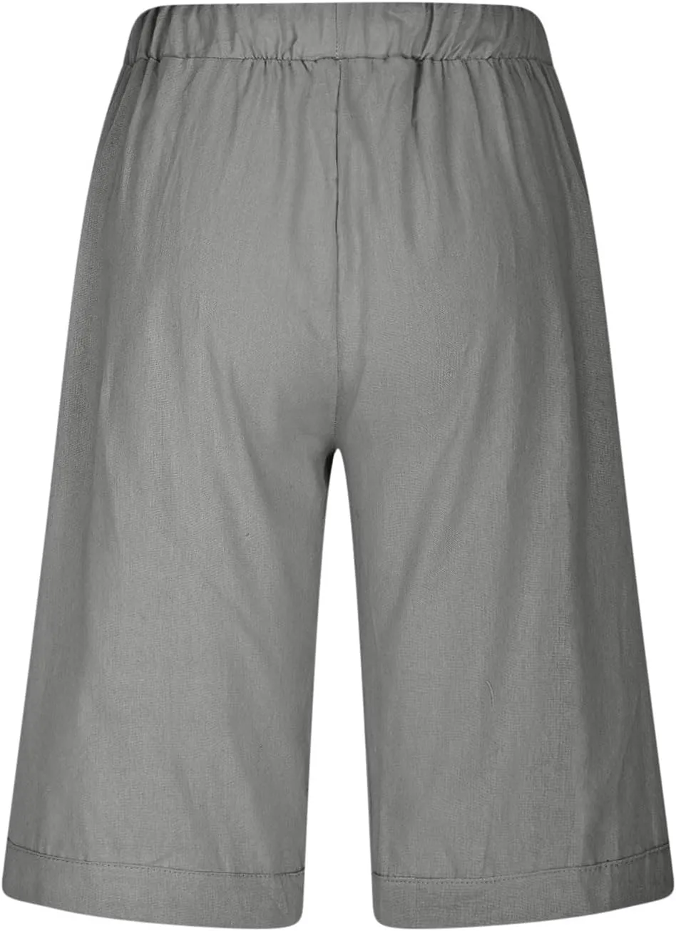 Linen Capri Pants for Women Side Hollow Out Cropped Trousers Casual Summer Capris Drawstring High Waist Wide Leg Pant