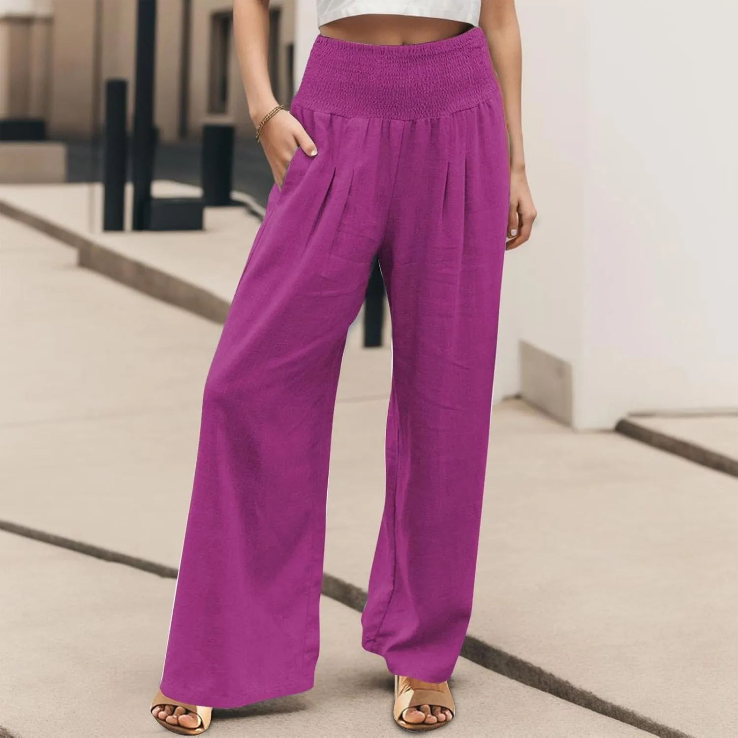 Linen Cotton Wide Leg Pants Women Casual Baggy 2024 Summer Palazzo Trousers Elastic High Waist Solid Straight Wide Leg Pants