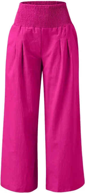Linen Cotton Wide Leg Pants Women Casual Baggy 2024 Summer Palazzo Trousers Elastic High Waist Solid Straight Wide Leg Pants