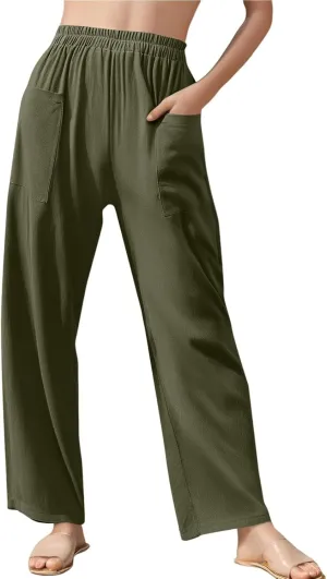 Linen Pants for Women Summer High Waist Palazzo Pants Wide Leg Plus Size Pant Lounge Trousers with Pockets (S-2Xl)