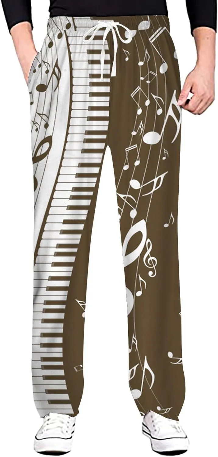 Linen Pants Men Slim Fit Classic Musical Note Print Chino Pants Casual Lightweight Straight Leg Summer Beach Trousers