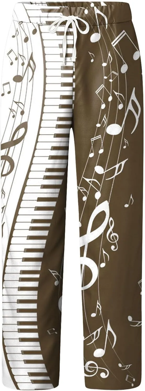 Linen Pants Men Slim Fit Classic Musical Note Print Chino Pants Casual Lightweight Straight Leg Summer Beach Trousers