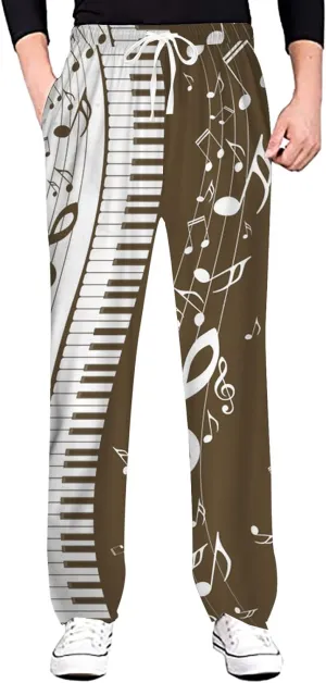 Linen Pants Men Slim Fit Classic Musical Note Print Chino Pants Casual Lightweight Straight Leg Summer Beach Trousers