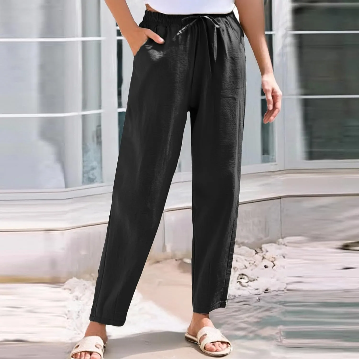 Linen Pants Women Wide Leg Elastic Drawstring Pants Women Lounge Comfy Casual Summer Beach Trousers with Pockets