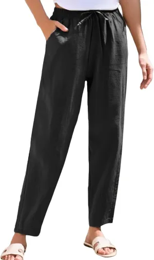 Linen Pants Women Wide Leg Elastic Drawstring Pants Women Lounge Comfy Casual Summer Beach Trousers with Pockets