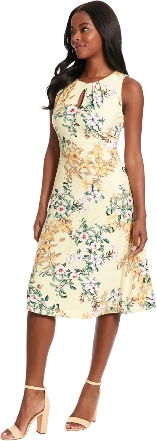 London Times Women's Printed Sleeveless Versatile Empire A-line Keyhole Neckline Midi Dress