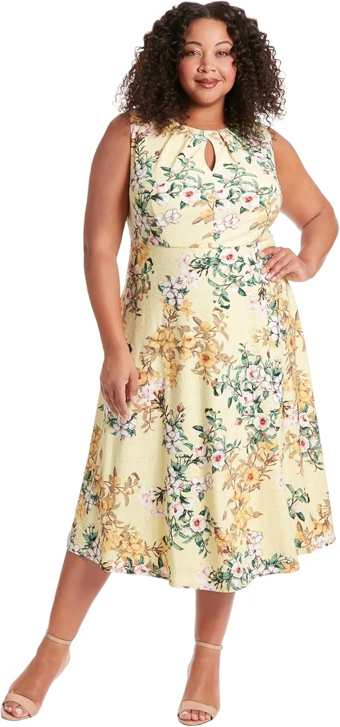 London Times Women's Printed Sleeveless Versatile Empire A-line Keyhole Neckline Midi Dress