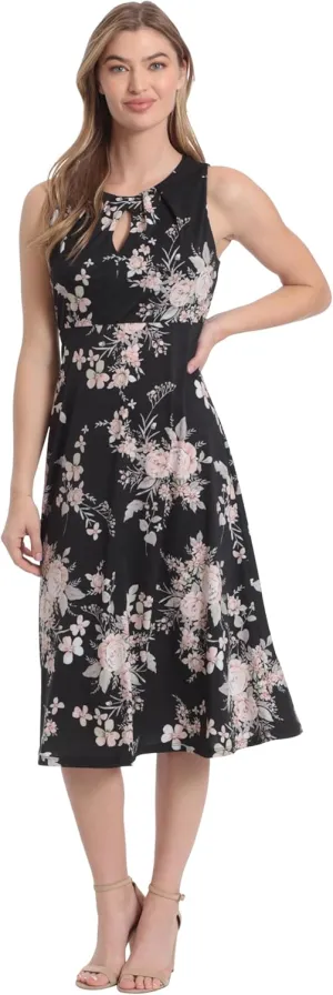 London Times Women's Printed Sleeveless Versatile Empire A-line Keyhole Neckline Midi Dress