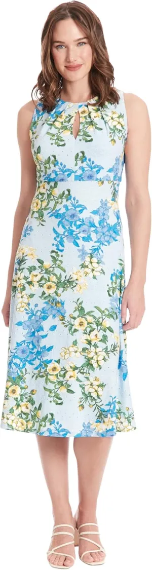 London Times Women's Printed Sleeveless Versatile Empire A-line Keyhole Neckline Midi Dress