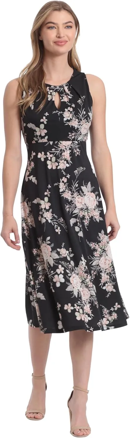 London Times Women's Printed Sleeveless Versatile Empire A-line Keyhole Neckline Midi Dress