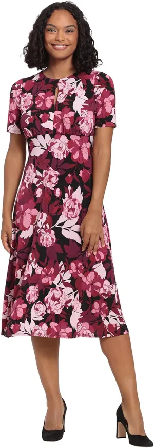 London Times Women's Printed Sleeveless Versatile Empire A-line Keyhole Neckline Midi Dress