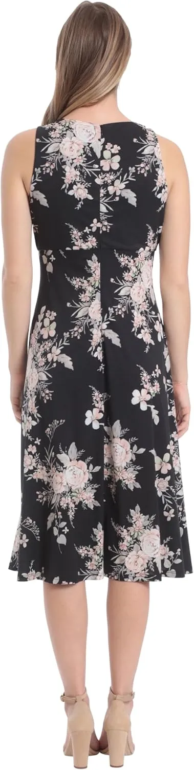London Times Women's Printed Sleeveless Versatile Empire A-line Keyhole Neckline Midi Dress