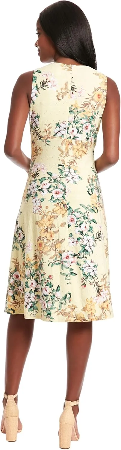 London Times Women's Printed Sleeveless Versatile Empire A-line Keyhole Neckline Midi Dress