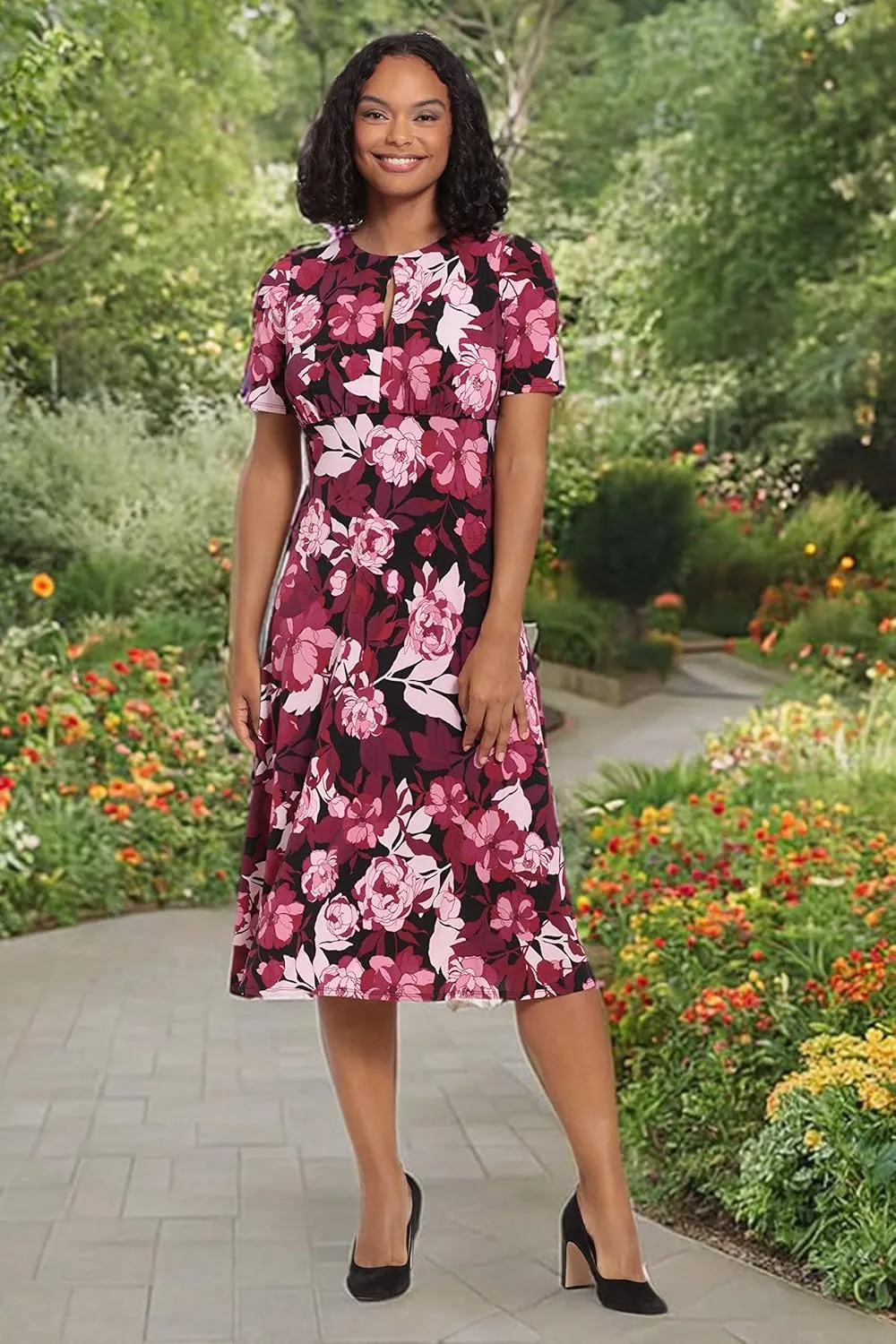 London Times Women's Printed Sleeveless Versatile Empire A-line Keyhole Neckline Midi Dress