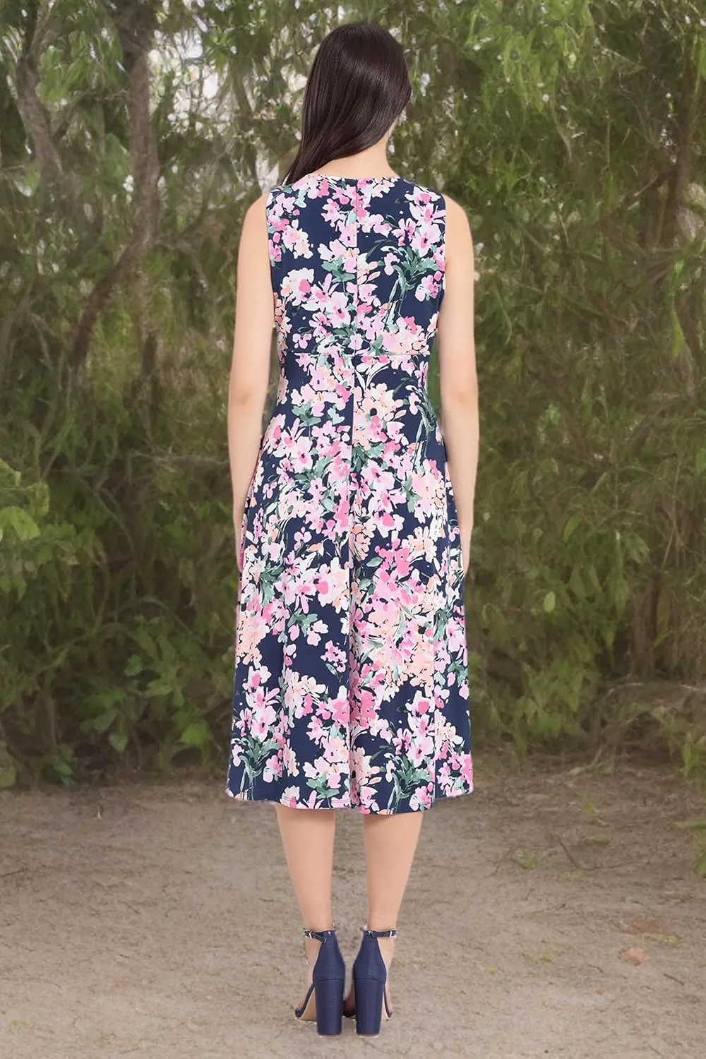 London Times Women's Printed Sleeveless Versatile Empire A-line Keyhole Neckline Midi Dress
