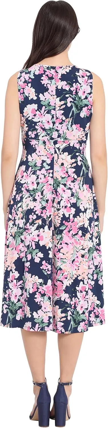 London Times Women's Printed Sleeveless Versatile Empire A-line Keyhole Neckline Midi Dress