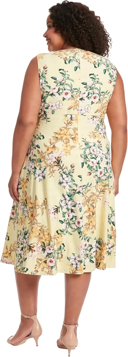 London Times Women's Printed Sleeveless Versatile Empire A-line Keyhole Neckline Midi Dress