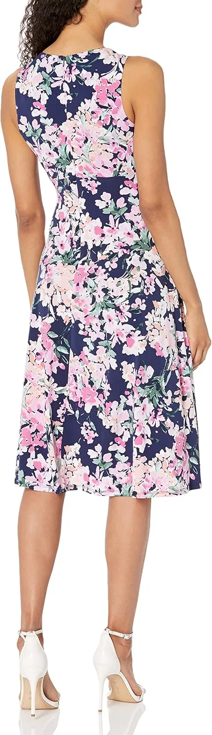 London Times Women's Printed Sleeveless Versatile Empire A-line Keyhole Neckline Midi Dress