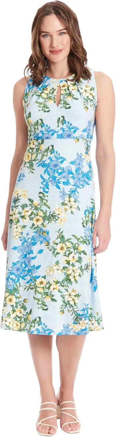 London Times Women's Printed Sleeveless Versatile Empire A-line Keyhole Neckline Midi Dress