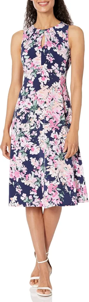London Times Women's Printed Sleeveless Versatile Empire A-line Keyhole Neckline Midi Dress