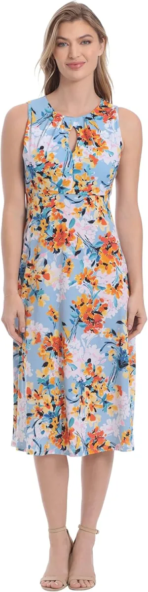 London Times Women's Printed Sleeveless Versatile Empire A-line Keyhole Neckline Midi Dress