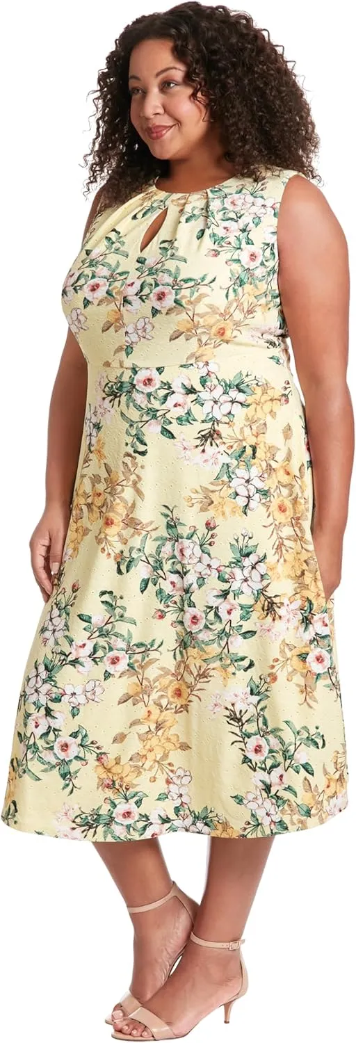 London Times Women's Printed Sleeveless Versatile Empire A-line Keyhole Neckline Midi Dress