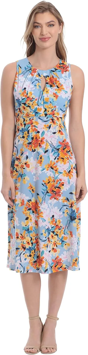 London Times Women's Printed Sleeveless Versatile Empire A-line Keyhole Neckline Midi Dress