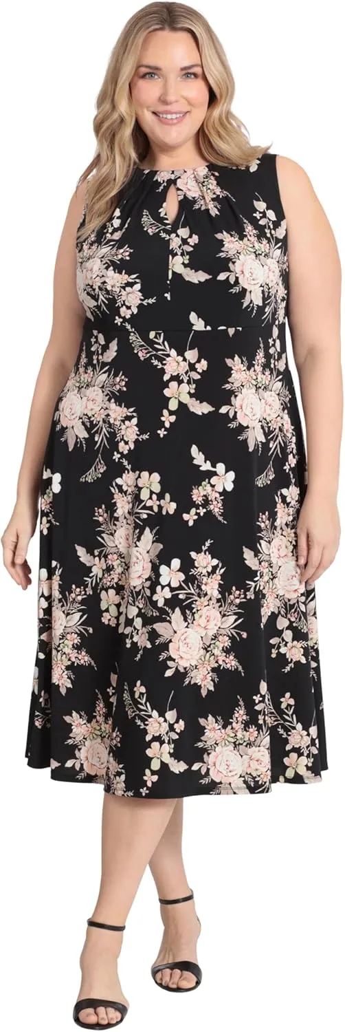 London Times Women's Printed Sleeveless Versatile Empire A-line Keyhole Neckline Midi Dress