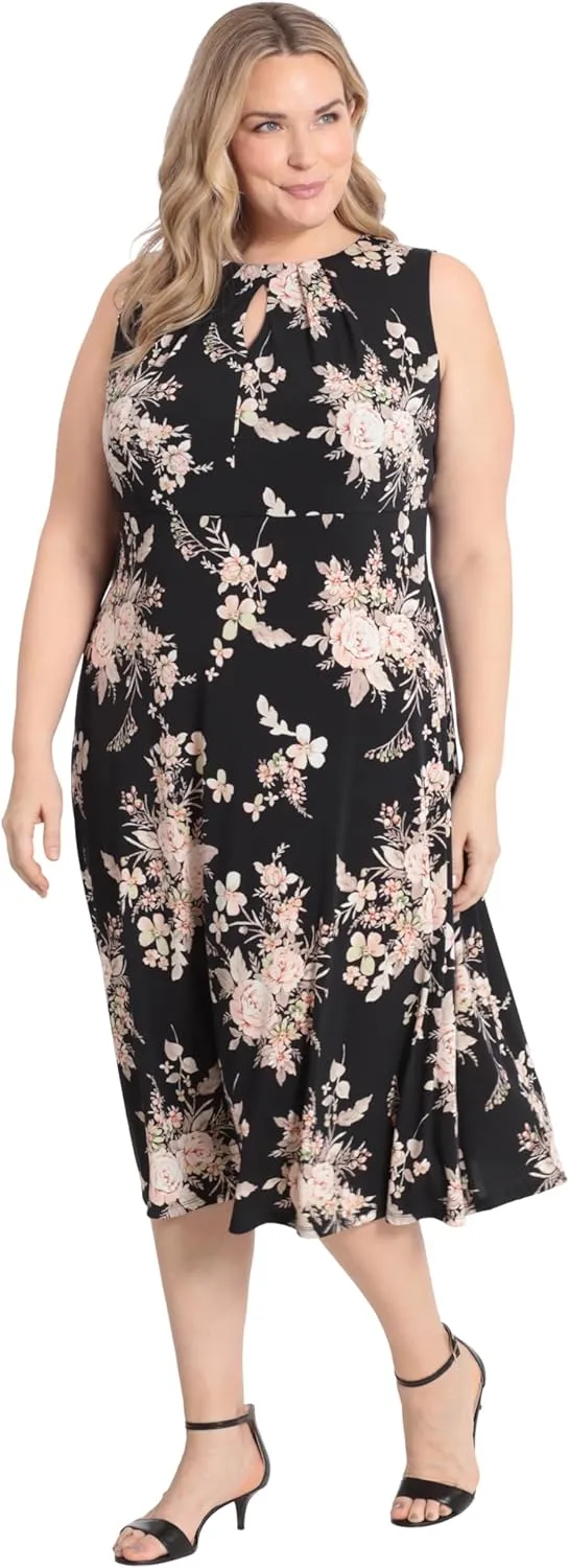 London Times Women's Printed Sleeveless Versatile Empire A-line Keyhole Neckline Midi Dress