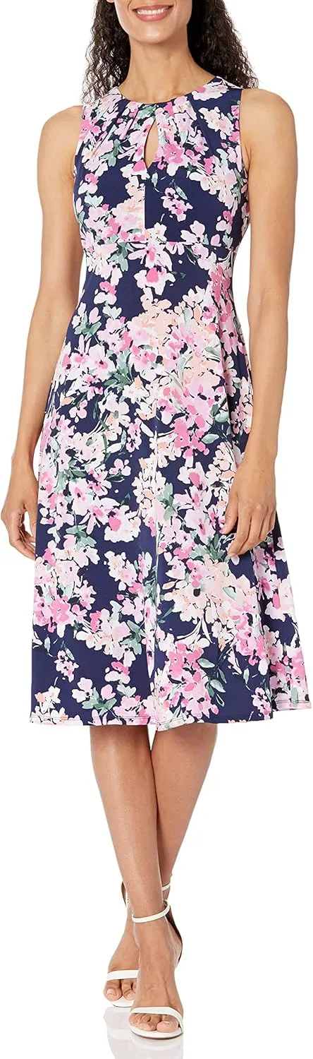 London Times Women's Printed Sleeveless Versatile Empire A-line Keyhole Neckline Midi Dress