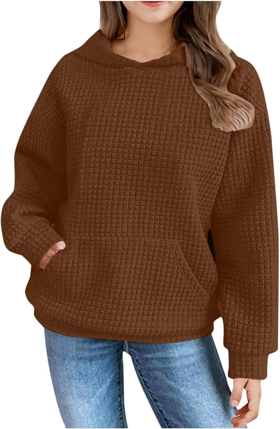 LRMQS Cute Hoodies for Teen Girls Trendy Preppy Waffle Hooded Sweatshirts Oversized Long Sleeve Sweater Tween Girl Clothes