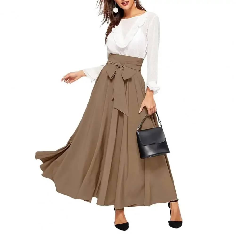 LVSANW Women Skirt Elegant Lace-up Maxi Skirt with High Waist A-line Silhouette Solid Color Pleated Ankle Length for Women for Spring