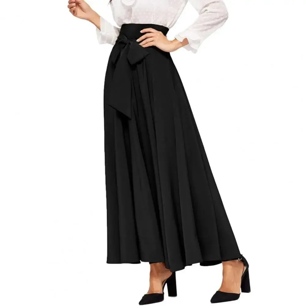 LVSANW Women Skirt Elegant Lace-up Maxi Skirt with High Waist A-line Silhouette Solid Color Pleated Ankle Length for Women for Spring