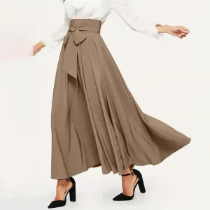 LVSANW Women Skirt Elegant Lace-up Maxi Skirt with High Waist A-line Silhouette Solid Color Pleated Ankle Length for Women for Spring